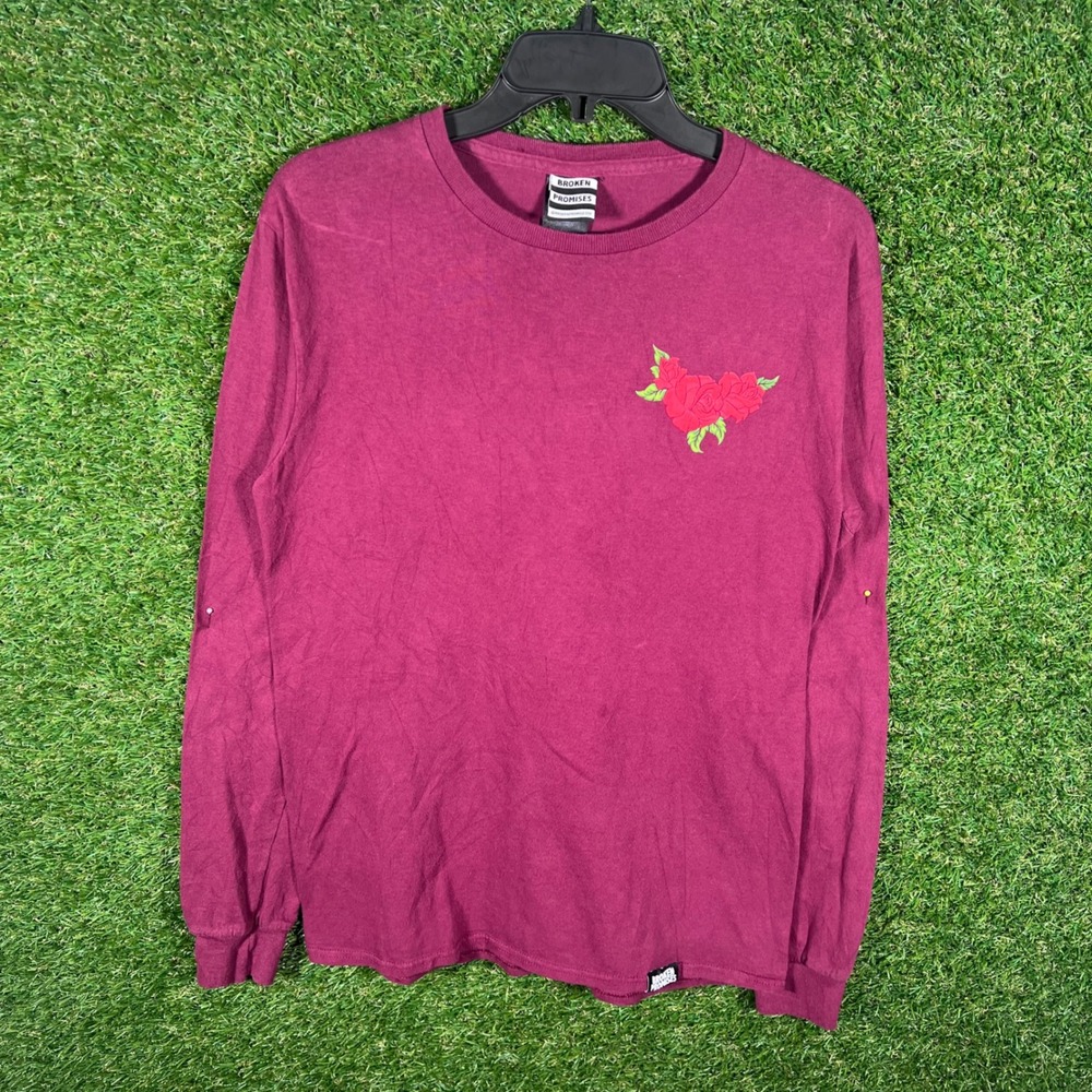Broken Promises Long Sleeve Graphic T‎ Shirt Rose Floral Print Burgundy Large